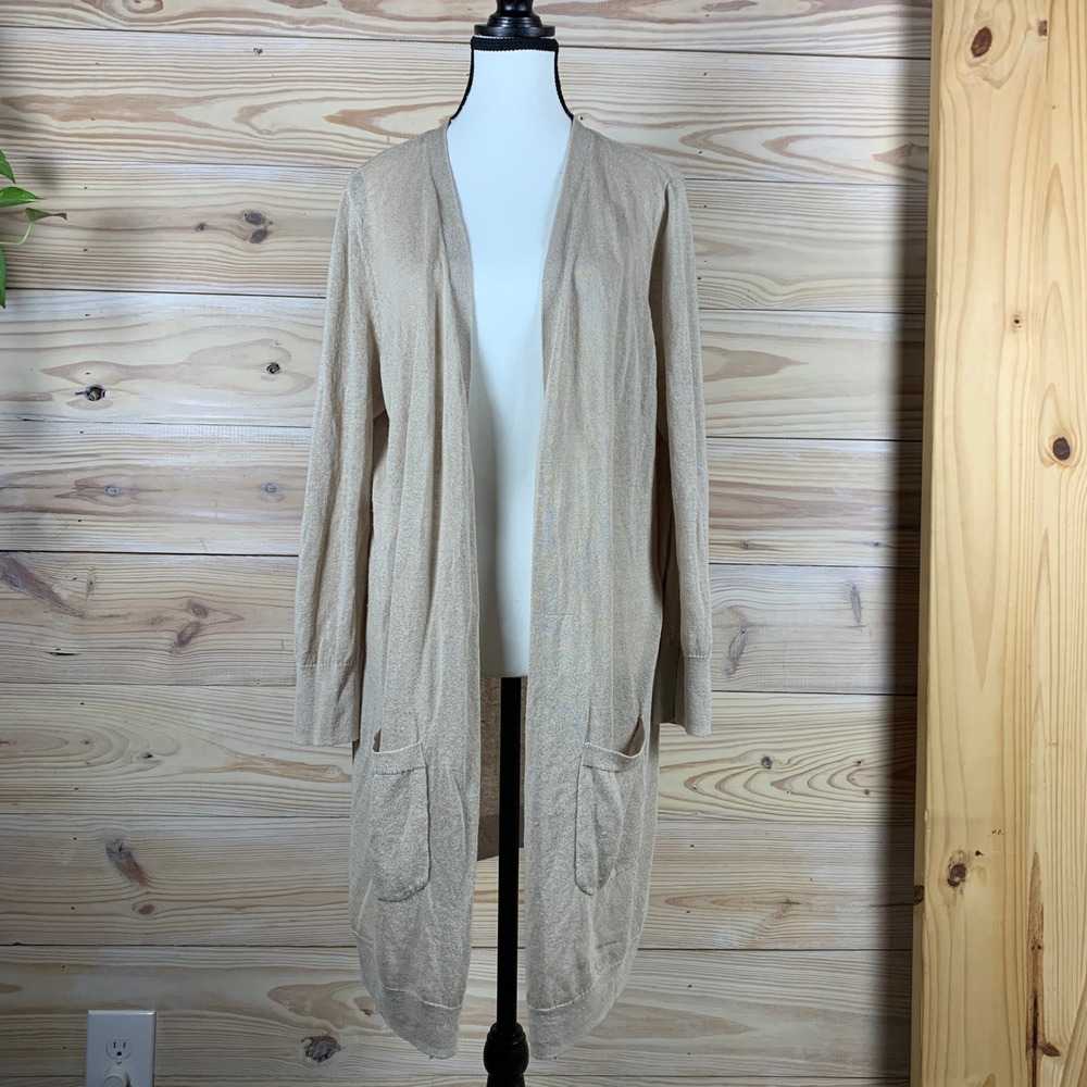 Halogen Cardigan Womens XLP Tan Metallic Linen Blend Open‎ Front Duster Sweater